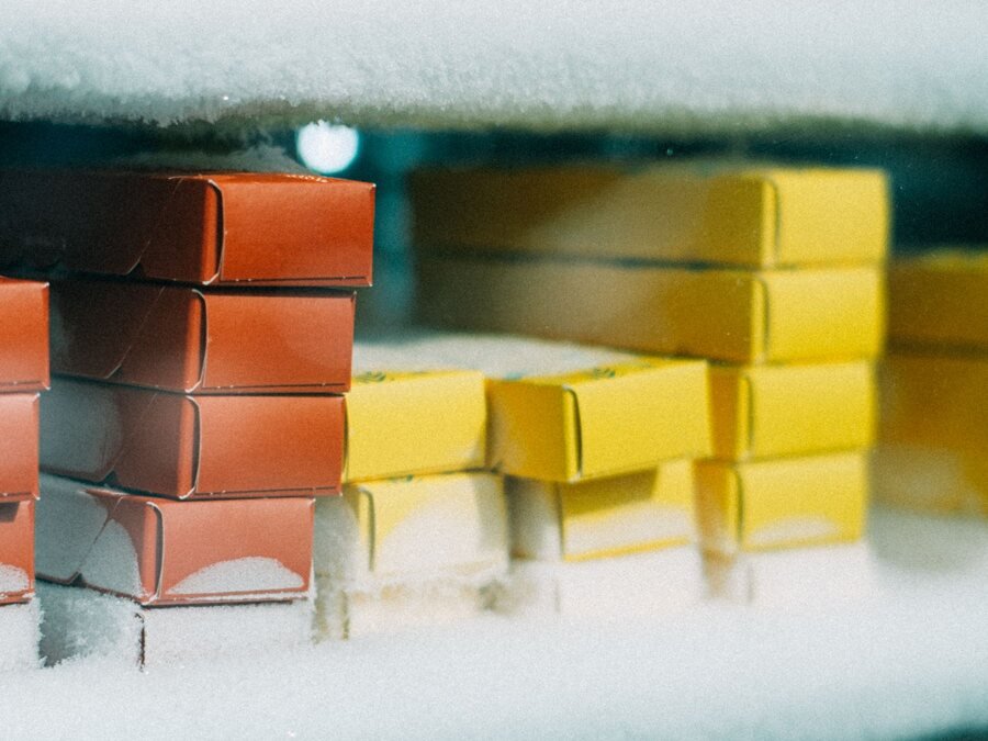 Frozen food packages in a freezer