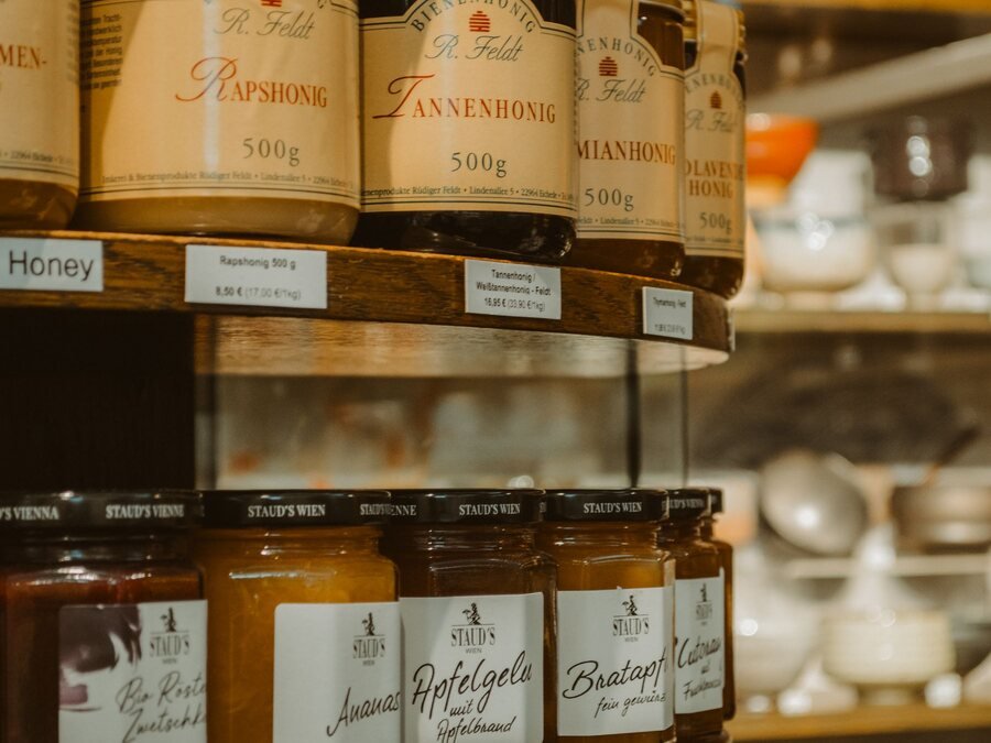 Specialty food products on a shelf